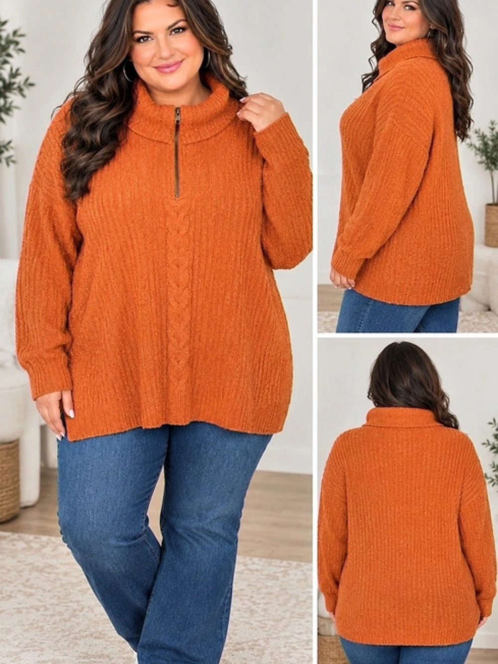 Plus Size Orange Textured Quarter Zip Sweater NWT